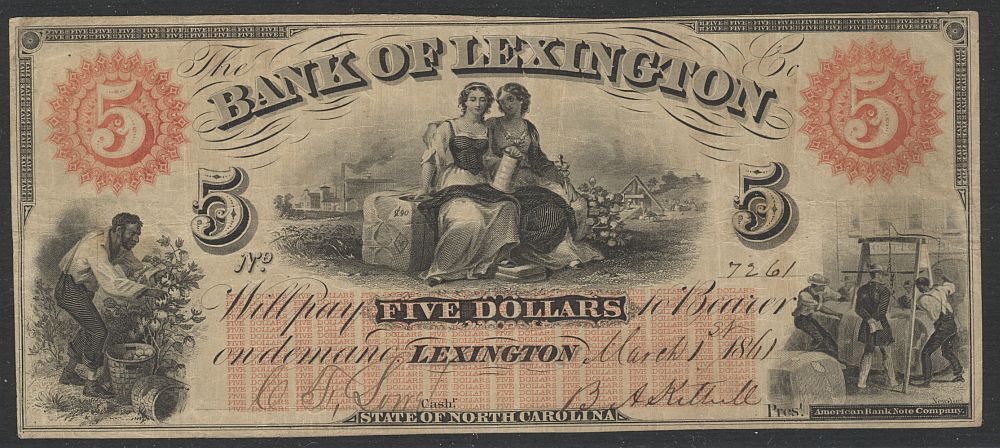 North Carolina, Bank of Lexington, March 1st, 1861 $5, VF